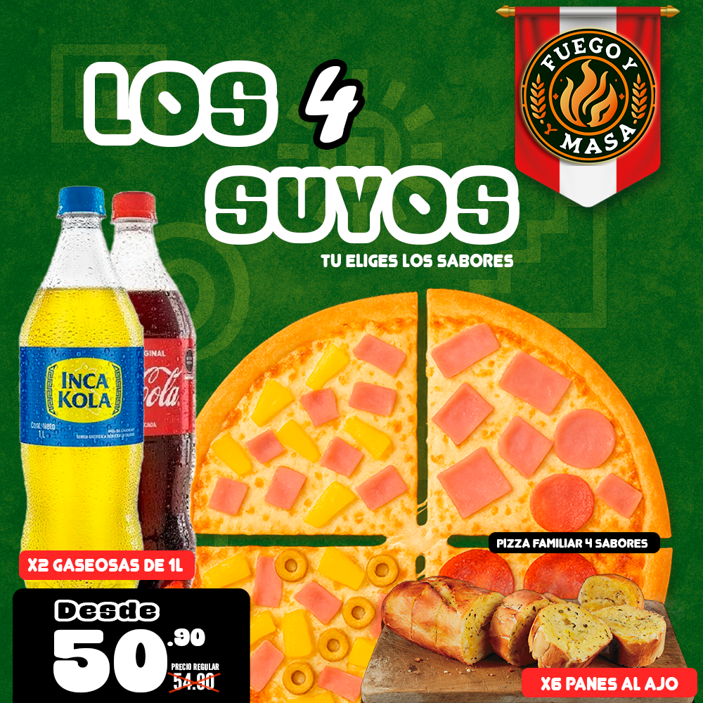 Combo los 4 SUYOS (4 SABORES , 2 GASEOSAS Y 6 PANES AL AJO)