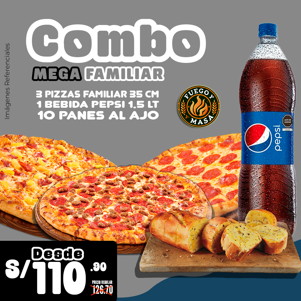 Combo Mega Familiar (3 pizzas, 1 Pepsi 1.5, 10 panes)
