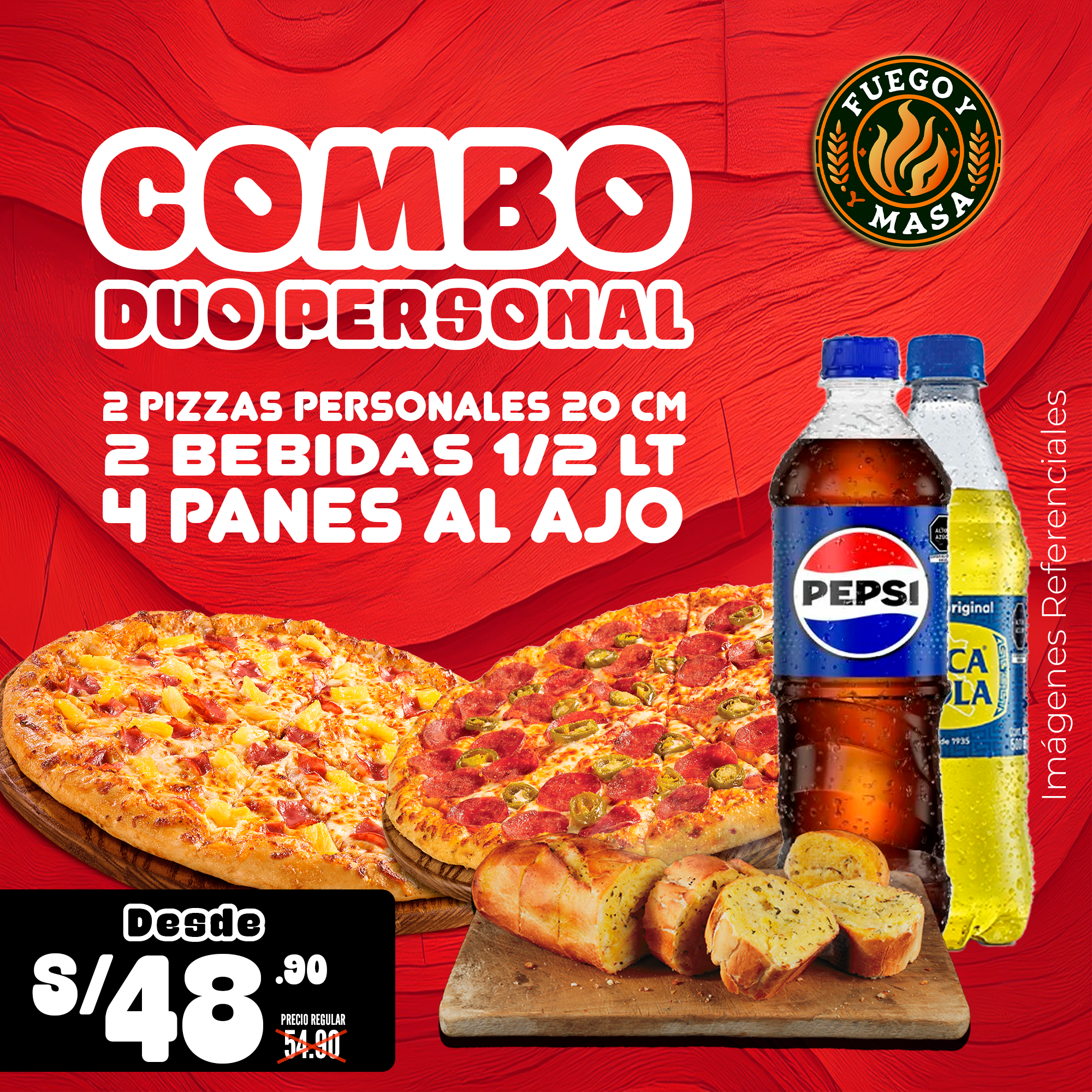 Combo duo personal (2 Pizza,  2 gaseosas 0.5L , 4panes)