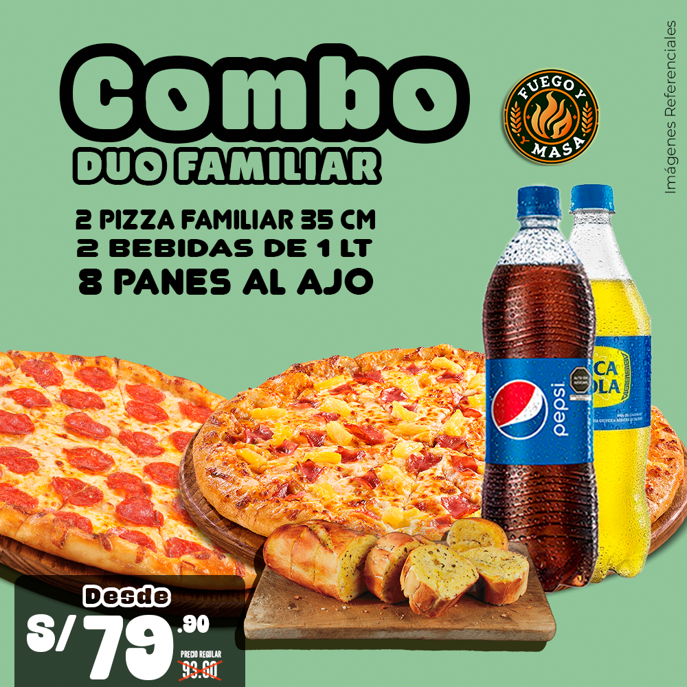 Combo Duo Familiar (2Pizzas , 2 gaseosas 1L , 8 panes)